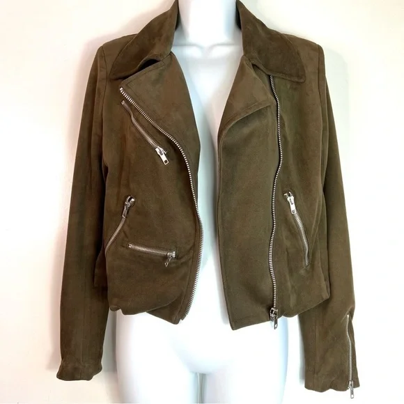 Olivaceous Vegan Faux Suede Moto Jacket Size Small - Picture 10 of 12